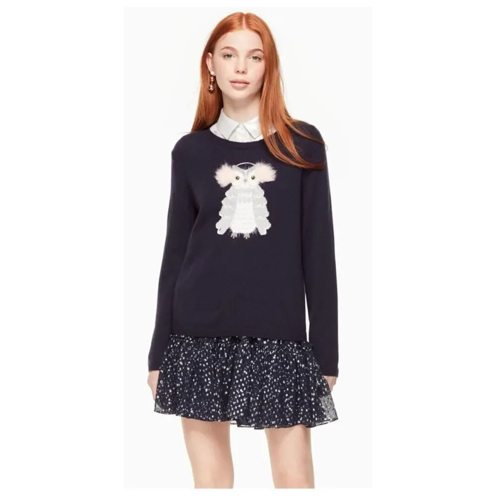 Kate Spade Women Owl Sweater Size L Preppy Polyamide Wool Crew Neck Long Sleeve